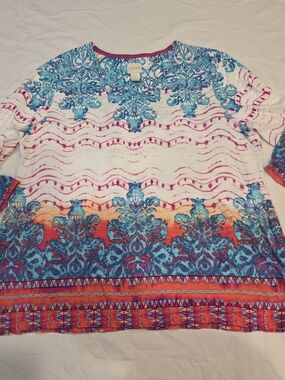 Chicos Size 2 (Size 12) Bright Blue bohemian, hippie Style Women's Top 3/4 Slve